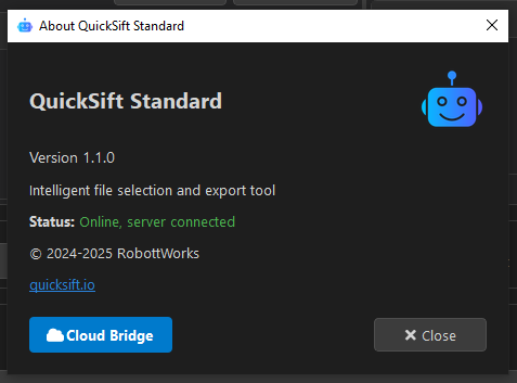 About QuickSift dialog showing version and license info