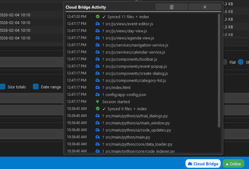 Cloud Bridge panel in QuickSift showing active session