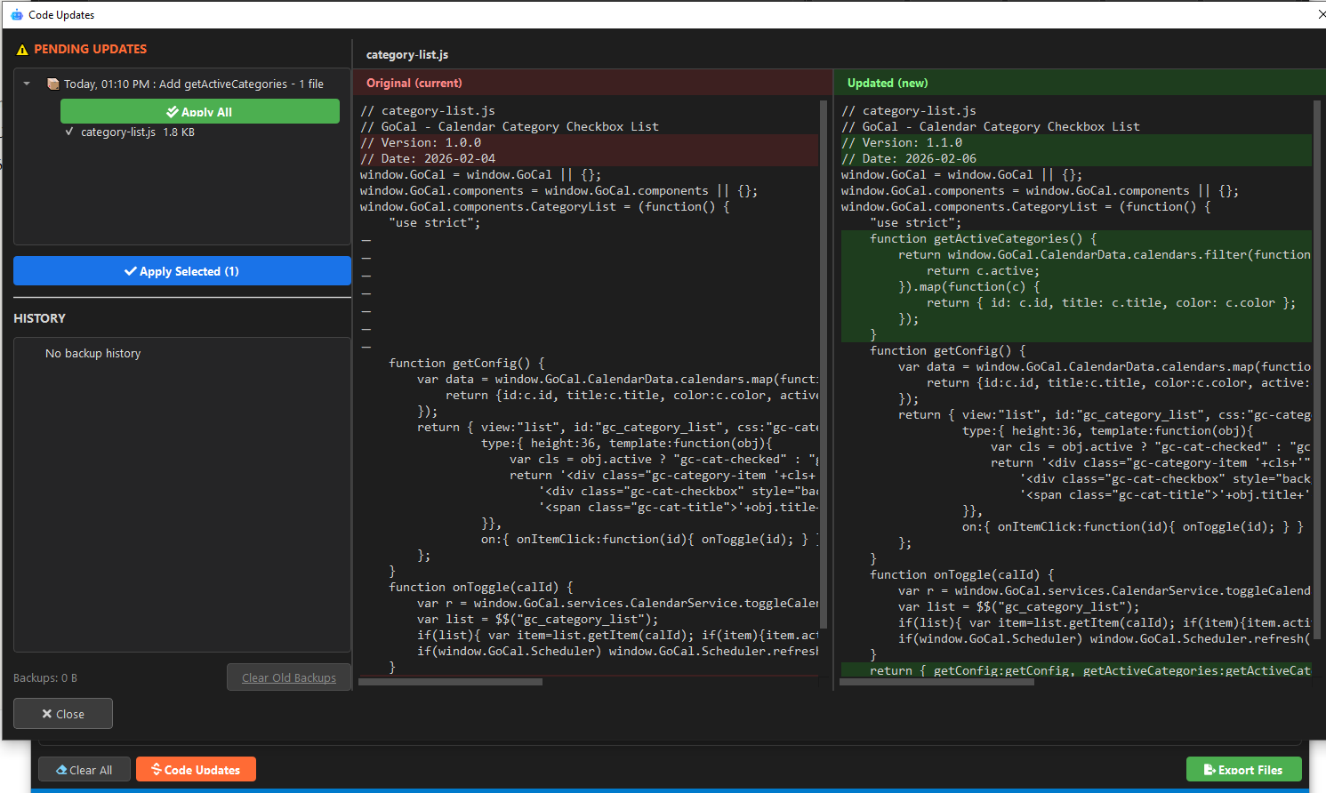 Code Updates panel showing diff view with Accept/Restore buttons