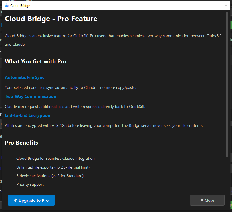 Cloud Bridge upgrade to Pro dialog